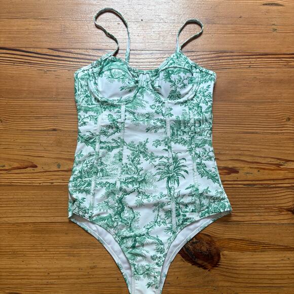Shein white green French Toile print bustier one piece swimsuit SIZE M - Picture 1 of 5